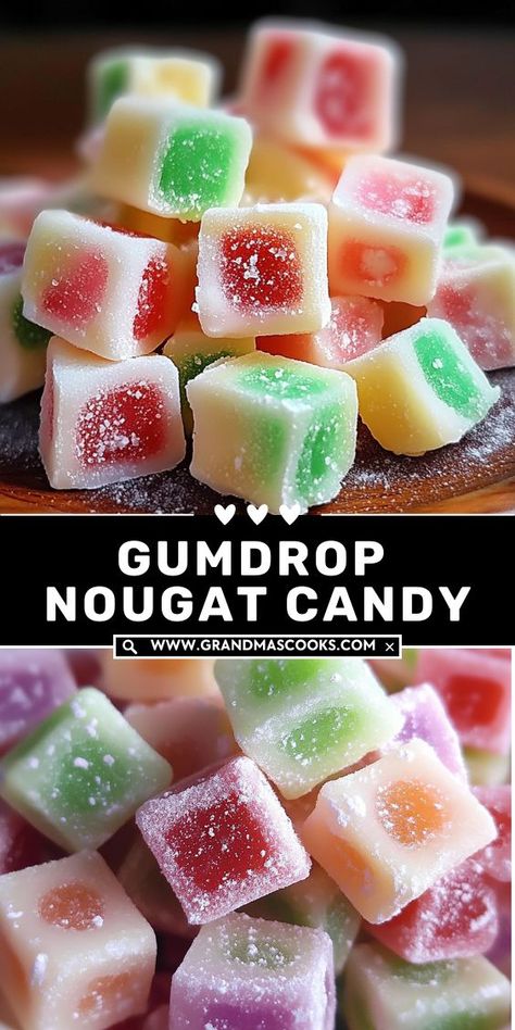 Make your holidays sweeter with homemade gumdrop nougat candy! This soft, chewy candy is bursting with flavor and color—perfect for gifting or indulging. Gum Drop Nugget Candy, Fruit Nougat Candy, Homemade Nougat Candy, Homemade Gumdrops Recipes, Aplets And Cotlets Recipe, Homemade Sour Candy, Gumdrop Nougat Candy Recipes, Christmas Nougat Candy, Gum Drop Candy Recipe