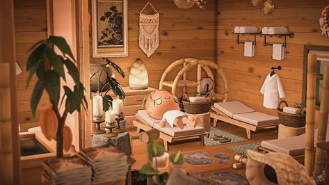 Acnh Spa Room Ideas, A Soothing Spa Site Acnh, Animal Crossing Sauna, Acnh Spa Room, Acnh Hhp Spa, Acnh Sauna Room, Animal Crossing Spa Ideas, Animal Crossing Spa, Acnh Spa