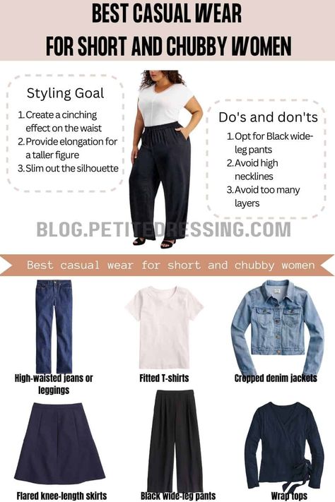 Casual wear guide for short and chubby Casual Outfits Petite, Outfits For Short Women Curvy, Apple Body Shape Clothes, Outfits For Short Women, Belly Clothes, Dress For Chubby, Curvy Casual Outfits, Plus Size Fashion Tips, Casual Summer Outfits For Women