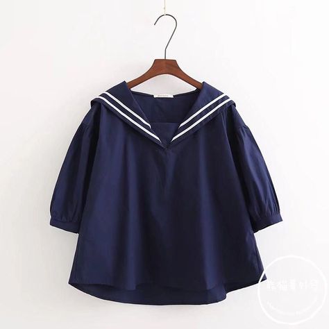 Half Sleeve Women, Navy Blue Crewneck, Doll Blouse, Flight Suit, Uniform Shirts, Sailor Collar, Card Captor, Collar Tshirt, Loose Shirts