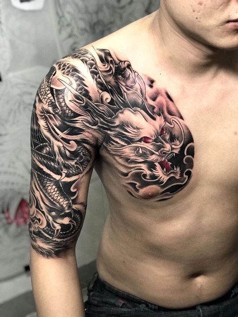 Owl Thigh Tattoos, Dragon Tattoo Shoulder, Koi Dragon Tattoo, Dragon Tattoo Chest, Pola Jaket, Dragon Tattoo Arm, Dragon Head Tattoo, Koi Tattoo Design, Dragon Tattoos For Men