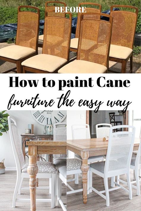 Learn the best way to paint cane back dining room chairs. I've shared a simple tutorial on how to paint cane furniture with a few tips about what materials and tools to use. Painting cane furniture does not need to be difficult and with a few easy steps even beginner furniture painters can do it! #howtopaintcane #paintingcanefurniture #canebackdiningchairs Paint Cane Furniture, Cane Chair Makeover, Cane Back Dining Chairs, How To Remove Paint, Unpainted Furniture, Dining Chair Makeover, Cane Dining Chairs, Remove Paint, Cane Back Chairs