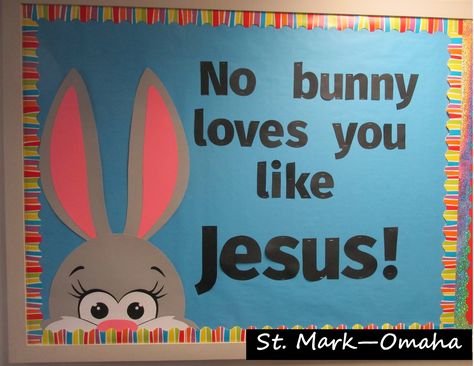 Bulletin board - A cute bunny peeks over the edge in this Easter bulletin board. April Bulletin Board Ideas For Church, Bunny Bulletin Board Ideas, Easter Boards Bulletin, Easter Bulletin Boards For Church, Easter Bulletin Board Ideas, Christian Easter Bulletin Board Ideas, Jesus Bulletin Boards, Christian School Bulletin Boards, Spring Bulletin Board Ideas