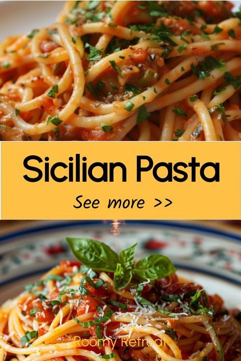 Indulge in the delightful flavors of Sicily with this authentic Sicilian Pasta recipe. This dish combines fresh ingredients like tomatoes, olives, and capers to create a burst of Mediterranean goodness in every bite. Whether you're a pasta lover or looking to try something new, this recipe is sure to impress your taste buds and transport you to the charming streets of Sicily. From the first twirl of spaghetti to the last savory bite, this Sicilian Pasta will surely become a family favorite. Sicilian Recipes Pasta, Sicilian Pasta Sauce, Pasta A La Norma Sicily, Sicily Food Sicilian Recipes, Sicilian Food Authentic, Authentic Italian Spaghetti Recipes, Mediterranean Pasta Dishes, Sicilian Pasta Recipes, Authentic Italian Recipes Sicily Sicilian Food