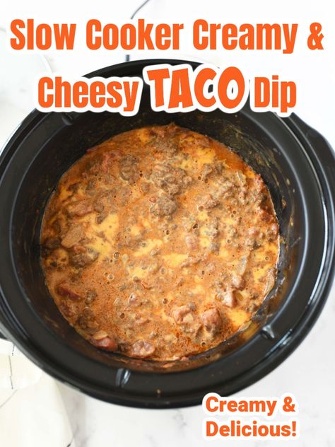 The BEST Slow Cooker Taco Dip is made with ground beef, Rotel, Velveeta, sour cream, and taco seasoning. This dip is so easy to make, all you have to do it dump everything in a slow cooker and cook on low for 2 hours. The result will be an absolutely delicious, creamy taco dip that your guests will love. You can enjoy this with tortilla chips or even on top of nachos! Trust me, no one will be disappointed. via @savvysavingcoup Taco Rotel Dip Ground Beef, Crock Pot Taco Dip Ground Beef, Nacho Dip With Ground Beef Crock Pot, Queso Dip Crockpot Velveeta Ground Beef, Velveeta Taco Dip, Creamy Taco Dip With Ground Beef, Taco Dip With Hamburger, Taco Dip In Crockpot, Taco Dip Crockpot Recipes