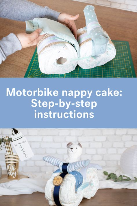 Even though a motorcycle seems a little strong and wild, in terms of cuteness, the motorcycle diaper cake is no less than the owl diaper cake and the bear diaper cake. By using a few carefully selected colours and accessories, your motorbike nappy cake will be a fantastic newborn gift for both a boy and a girl. In this article, you can find the step-by-step instruction on how to create this beautiful nappy cake. Diaper Motorcycle Diy, How To Make Nappy Cakes, Nappy Cake Ideas Diy Boy, Small Diaper Cakes Diy, How To Make A Diaper Cake Step By Step, Baby Boy Diaper Cake Ideas, Motorcycle Diaper Cake Tutorial, Diaper Sprinkle, Diaper Gift Ideas