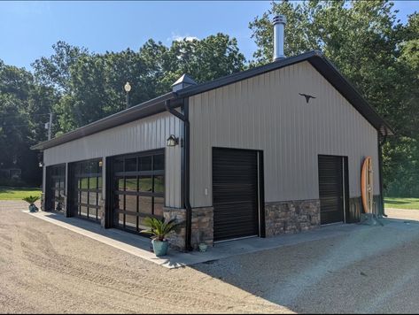 Metal Building Shop Garage, Tan And Black Metal Shop, Metal Building With Office Space, 3 Garage Door Shop, Modern Garage With Living Quarters, Metal Building Garage Shops, Metal Shops Garage, Metal Buildings Shop, Metal Shop Exterior