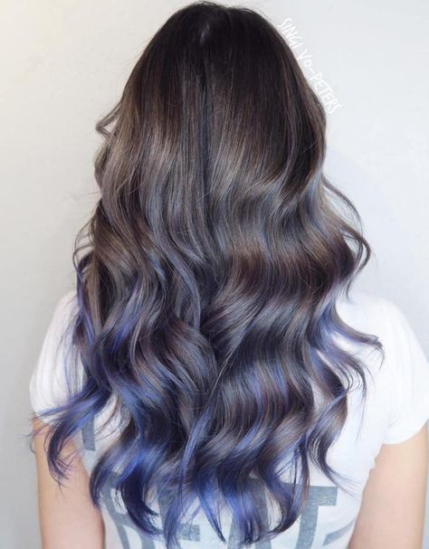 Pastel Blue Balayage For Brown Hair Lavender Hair Ombre, Violet Hair Colors, Purple Ombre Hair, Blue Ombre Hair, Brown Ombre Hair, Violet Hair, Blue Highlights, Balayage Hair Blonde, Ash Brown