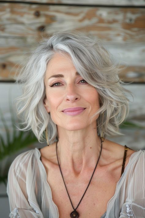 19+ Mid-Length Haircuts That Will Take Years Off Your Look - NeedleStar Medium Length Haircut Grey Hair, Hairstyles For Medium Length Gray Hair Over 50, Mid Length Grey Hair, Silver Hair Women, Mid Hair Length Styles, Short Layered Haircuts For Women, Mid Hairstyles, Mid Length Hairstyles, Shoulder Haircut