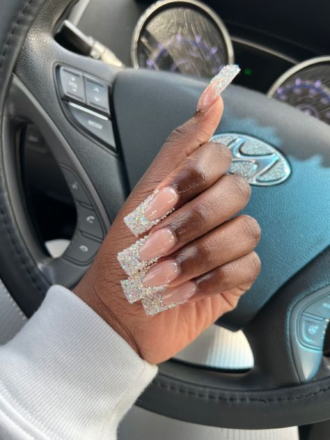 French Tip W Gems, Nails W Diamonds, French Tip Diamond Nails, French Diamond Nails, Gem French Tip Nails, Diamond French Tip Nails, Raw Glitter Nails, Raw Nails, Blush Pink Nails