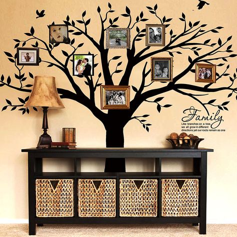 Tree Wall Painting, Wall Decorations For Living Room, Tree Wall Decals, Family Tree Photo, Decorations For Living Room, Large Family Photos, Living Room Playroom, Family Tree Wall Decal, Family Tree Wall