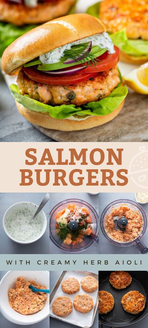 Congratulations! You've found the best salmon burgers recipe on the internet! These flavor-packed salmon burgers are made with fresh salmon and served with a creamy herb aioli. This recipe elevates healthy dinners to a new level of easy and delicious. Step-by-step instructions for grilling, pan searing and air fryer are provided. #lemonblossoms #salmon #bbq Salmon Burgers Recipe, Smoked Seafood, Salmon Burger Recipe, Canned Salmon Recipes, Salmon Burger, Best Salmon, Salmon Patties Recipe, Fish Burger, Fresh Salmon