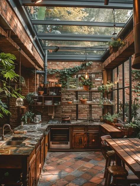 Exposed Brick Sunroom, Greenhouse Kitchen Extension, Greenhouse Kitchen Ideas, Brick Conservatory, Green House Kitchen, Atrium Kitchen, Greenhouse Kitchen, Atrium Design, Indoor Kitchen