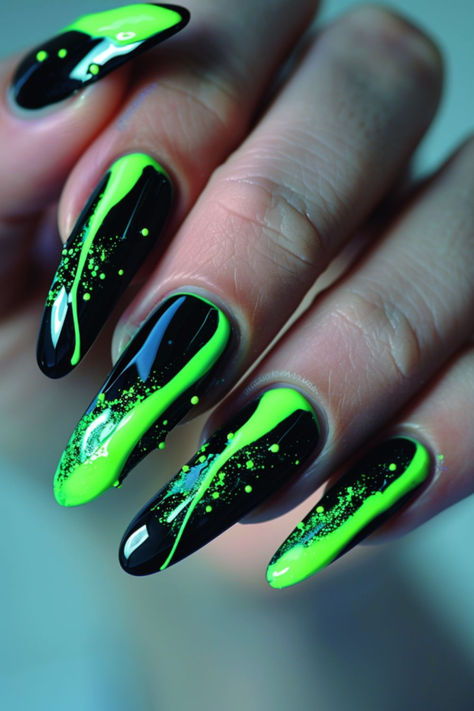 Neon Green Accents: Nail Designs For A Green Dress Bright Green And Black Nails, Black Green Nail Designs, Black Light Nail Designs, Neon Green Makeup Looks, Black Neon Nails, Bright Green Nails Designs, Black And Green Nails Designs, Black And Neon Green Nails, Neon Green Nail Art