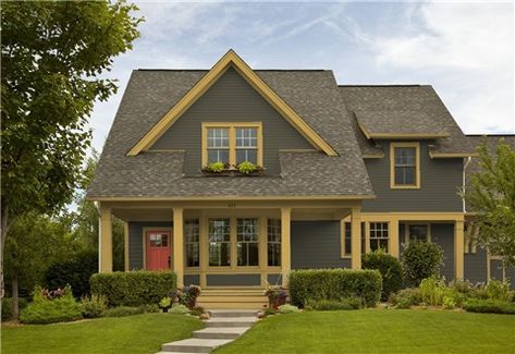 Look at the paint color combination I created with Benjamin Moore. Via @benjamin_moore. Body: Dakota Woods Green 2139-20; Trim: Ochre 2151-30; Door: Red Oxide 2088-10. Green Benjamin Moore, Diy Window Trim, Craftsman Porch, Exterior Siding Colors, Modern Garage Doors, Black Shutters, Color Combinations Paint, Window Trim Exterior, Exterior Stairs