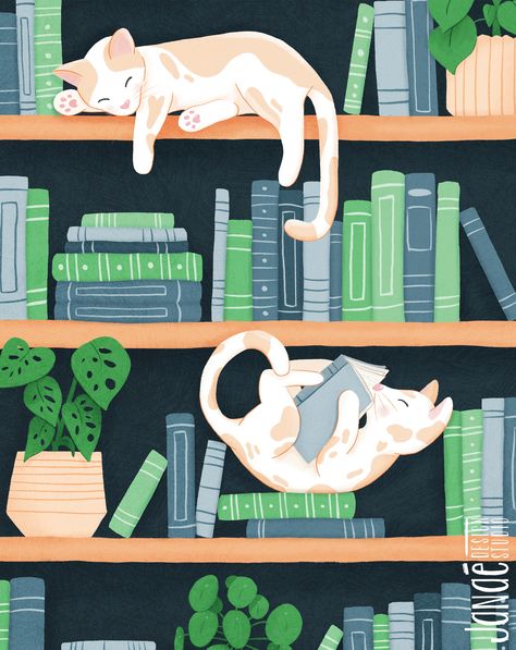 Introduce a touch of whimsy and literary charm to your home decor with our digital download illustration featuring bookshelves adorned with two adorable cats. One cat is engrossed in a book, while the other peacefully naps, surrounded by plants and books. The overall color scheme of blues, greens, and oranges creates a cozy and inviting atmosphere. Cats On Bookshelves, Cat And Book Illustration, Cat In Bookshelf, Bookshelf Illustration Art, Cozy Art Aesthetic, Bookcase Illustration, Bookshelves Drawing, Bookshelves Illustration, Animals With Books