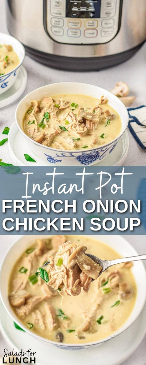 Try my Creamy Instant Pot French Onion Chicken Soup, packed with tender chicken, mushrooms, onions, and a creamy, flavorful broth. This easy-to-make soup is perfect for chilly days and will become a new family favorite. Try it today! French Onion Chicken Soup, Instapot Chicken Soup, Instapot Soup Recipes, Chicken Soup Recipes Easy, Bariatric Meals, Chicken Mushrooms, French Onion Chicken, Summer Soup, Instant Pot Soup Recipes