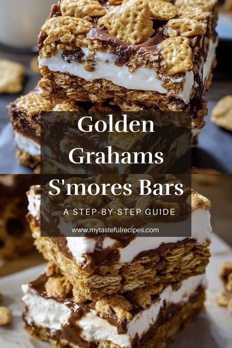 Satisfy your sweet tooth with these Easy Golden Grahams S'mores Bars! Made with melted chocolate, marshmallows, and Golden Grahams cereal, they’re perfect for sharing or enjoying all by yourself! Golden Graham Bars, Graham Bars, Golden Grahams Smores Bars, Cranberry Orange Cheesecake, Golden Grahams Cereal, Marshmallow Cereal, S Mores Bars, Marshmallow Bars, Golden Grahams