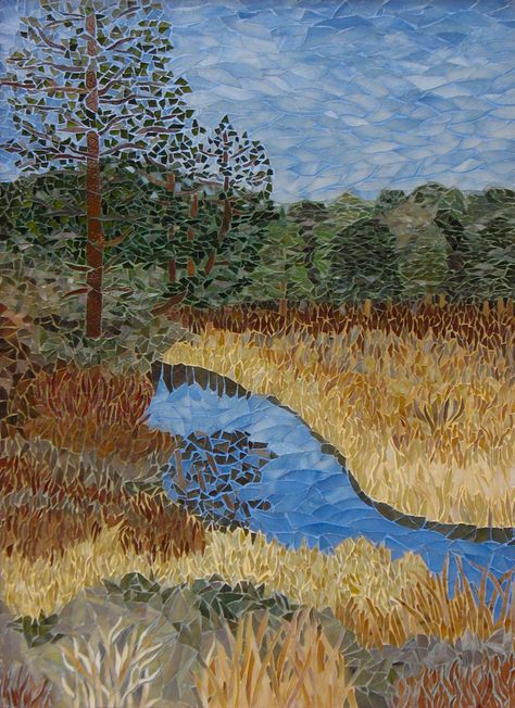 Deschutes River www.marydrivermosaics.com Landscape Mosaic, Tree Mosaic, Mosaic Art Diy, Naive Painting, Mosaic Stained, Mosaic Tile Art, Mosaic Murals, Glass Mosaic Art, Mosaic Flowers