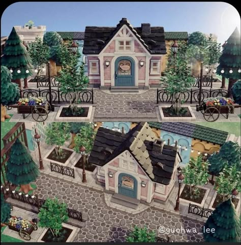 Island Home Exterior, Acnh Scenery, Acnh Medieval, Acnh Towncore, House Layout Design, Acnh House, Cottagecore Animal Crossing, Japanese Town, Mansion Exterior