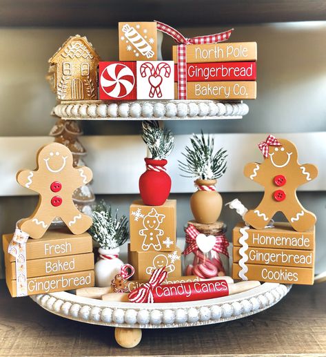 Christmas Tier Tray Set, Gingerbread Decor, Red & White Holiday Tier Tray Decor, Holiday Decor, Mini Christmas Decor, Farmhouse Tier Tray by SweetBeanFarmhouse on Etsy Gingerbread Book Stack, Gingerbread Tiered Tray, Christmas Decor Gingerbread, Lollipops Diy, Mini Gingerbread House, Gingerbread Decor, Christmas Decorations Apartment, Gingerbread Diy, Gingerbread Crafts