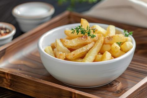 Photo white bowl of salted french fries ... | Premium Photo #Freepik #photo French Fries Bowl, White Bowls, French Fries, Wooden Tray, Salt, Tray, Bowl