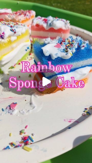 Fiona - Sensory play, Creative Ideas & Crafts! on Instagram: "🌈🎂Rainbow Sponge Cake 🎂🌈

It's always a good time for some cake!!🥳

I highly recommend getting the tuff tray out and creating your own messy birthday treats!!...and the best thing is they are 100% calorie and gluten free!! Also, once the party is over, you can wash it all off and go again!!🤣🙌

I simply cut up a few sponges, left out the sprinkles and added some shaving cream to our @tickit_education jugs...and hey presto! This little tray provided such fun...over and over again!!

I highly recommend giving this one a go!!

Playtray and jugs @mctivities (Code HHP10 will give you 10% off!)
Tuff tray @discoveryplaytime
Tuff tray stand @stakelums
Rainbow sponges @therangeuk

#messyplayanyway #meaningfulplayideas #funthemed_ac Sponge Sensory Play, Birthday Eyfs Activities, Tuff Tray Party Ideas, Birthday Tuff Tray, Sensory Tuff Tray Ideas, Tuff Tray Stand, Messy Birthday, Storybook Crafts, Playful Parenting