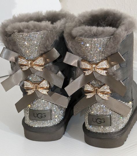 New Custom Bling  Women Genuine Sheepskin UGG Boots  Bailey Bow Crystal Czech Rhinestones Crystals Short UGG Boots Winter High Heel Boots, Pink Uggs With Bows, Uggs Boots Outfit, Bedazzled Items, Cute Ugg Boots, Sheepskin Ugg, Short Ugg Boots, Women Short Boots, Pearl Boots