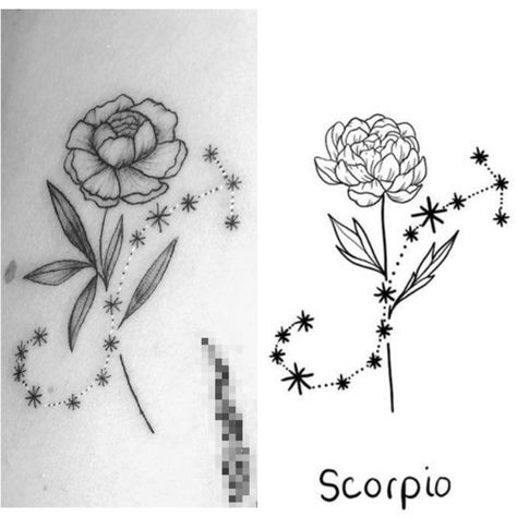 Chrysanthemum And Scorpio Tattoo, Flower And Stars Tattoo, Scorpio Star Constellation Tattoo, Scorpio Flower Tattoo, Scorpio Flower, Scorpio Star Constellation, Virgo Flower, Star Constellation Tattoo, Constellation Scorpio