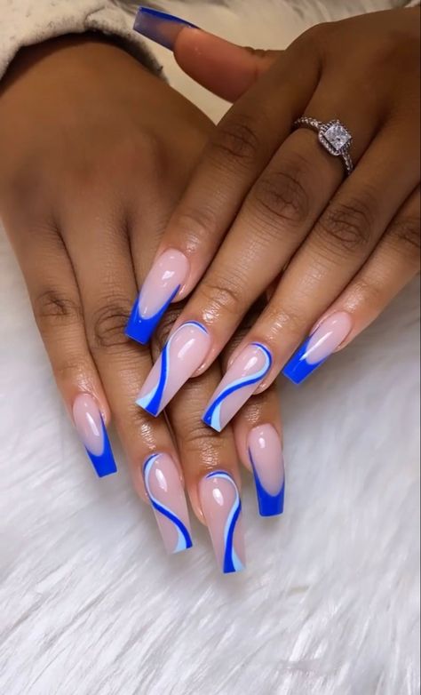 Blue Acrylic Nails Ballerina, Nails 2023 Blue, Royal Blue Ombre Nails, Acrylic Nail Designs Blue, Blue Coffin Nail Ideas, Blue Acrylic Nails Coffin, Blue Acrylic Nails Ideas, Blue Acrylic Nail Designs, Royal Blue Nail Ideas