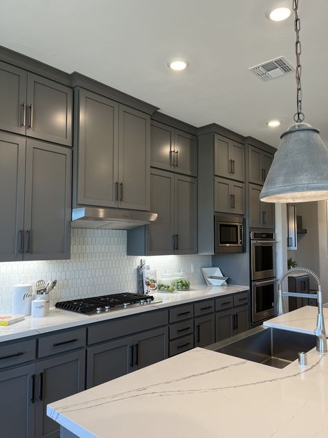 Grafite Kitchen Cabinets, Gray Kitchen Black Hardware, 2 Tone Kitchen Cabinets Grey And White, Graphite Kitchen Cabinets, Painted Grey Kitchen Cabinets, Slate Kitchen Cabinets, Gray Cabinets Black Countertops, Grey Cabinets Kitchen, Colors Kitchen Cabinets