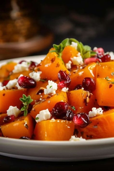 Honey Roasted Butternut Squash with Cranberries and Feta - BeCentsational Honey Roasted Butternut Squash, Butternut Squash With Cranberries, Butternut Squash Recipes Roasted, Butternut Squash Cubes, Sweet Potato And Apple, Butternut Squash Recipes, Roasted Squash, Honey Roasted, Balsamic Glaze