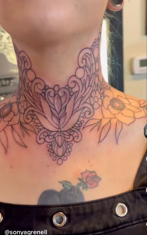 Neotraditional Throat Tattoo, Flowers Throat Tattoo, Fine Line Throat Tattoos Women, Lotus Flower Throat Tattoo, Feminine Throat Tattoos For Women, Witchy Throat Tattoo, Traditional Throat Tattoo, Neck Throat Tattoos Women, Throat Tattoos Women Simple