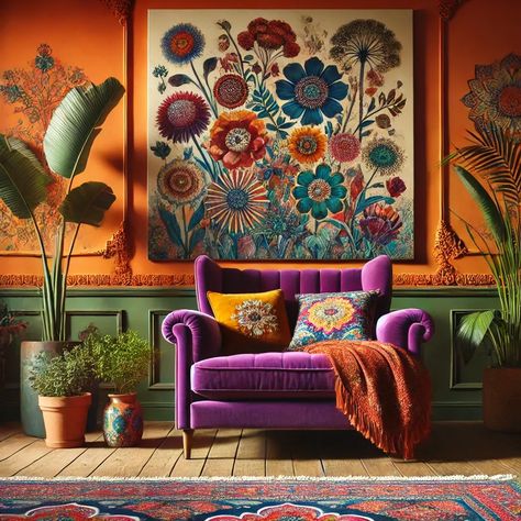 ### Eclectic Floral Living Space Green Purple Orange Room, Ginger Sofa Living Room Ideas, Purple Green And Orange Aesthetic, Purple Green Orange Aesthetic, Green Purple Living Room, Colourful Boho Living Room, Purple And Orange Living Room, Pink And Orange Living Room, Living Room Terracotta