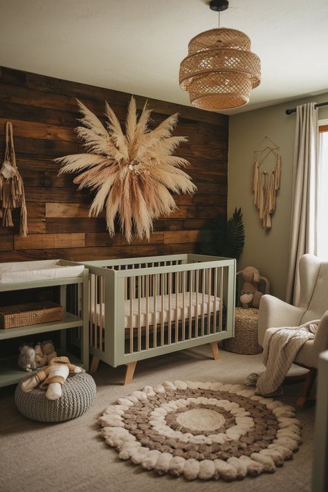 This nursery combines warm wood tones with sage green to create a cozy, inviting space.

A natural wood accent wall sets the tone, complemented by woven light fixtures and soft textiles.

Pampas grass decor adds texture, while neutral-toned furniture keeps the room grounded.

The design balances warmth and functionality, offering a calming environment for both baby and parents. Natural Wood Accent Wall, Sage Green Nursery, Nursery Interior Design, Calming Environment, Baby And Parents, Nursery Designs, Warm Wood Tones, Pampas Grass Decor, Grass Decor