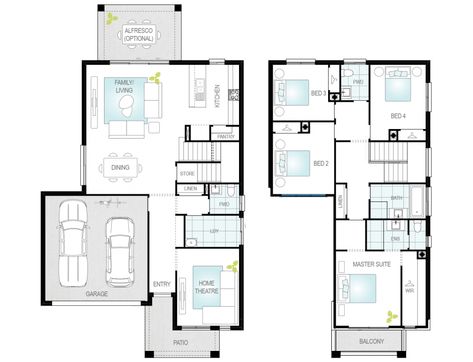 Altessa One floor plan - ideal for a narrow block, this 2 storey, 4 Bed, 2 Bath, 2 Car with a Home Theatre and plenty of storage throughout.   https://www.mcdonaldjoneshomes.com.au/home-design/altessa Mcdonald Jones Homes, Construction Loans, Free Lifestyle, Architecture Model Making, Electrical Plan, Home Theatre, Pivot Doors, Contemporary House Plans, Storey Homes