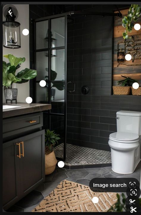 Bathroom Remodel With Black Fixtures, Black Bathrooms Rustic, Small Bathroom Black Tile, Masculine Modern Bathroom, Darker Bathroom Ideas, Men’s Dark Bathroom Ideas, Gray Black Bathroom, Black Trim Bathroom, Men’s Bathroom