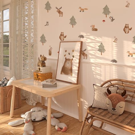 These adorable woodland animal wall decals will look fabulous in any modern nursery or bedroom. Wall decals are a great way to quickly create a dramatic impact in any space. Mountain Wall Decal Nursery, Tractor Nursery, Animal Wall Stickers, Stickers Bear, Baby Room Decals, Boys Wall Stickers, Nursery Woodland, Wall Stickers Animals, Rainbow Wall Decal