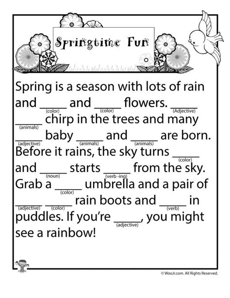 Spring Mad Libs | Woo! Jr. Kids Activities Kids Mad Libs, Word Puzzles Brain Teasers, Past Tense Worksheet, Word Games For Kids, Manners For Kids, Word Search Puzzles Printables, Ad Libs, Substitute Teaching, Phonics Practice