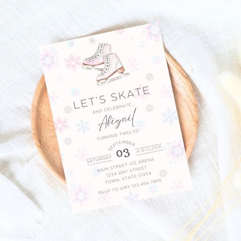 Kids Ice Skating Party Invitation, Girls Birthday, 12th Bday, Skating Party, Ice Rink, Figure Skate Invite, Canva Template, Girls Skate Bday Winter Birthday Themes, Ice Skating Party, Skating Party, Bday Invitations, Skate Party, Ice Rink, Winter Birthday, Bday Girl, Birthday Invitations Girl