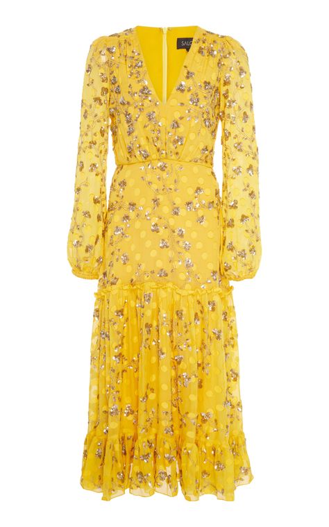 Click product to zoom Saloni Dress, Killa Fashion, Sunflower Cottage, Cottage Dress, Silk Chiffon Dress, Chiffon Midi Dress, Illustration Fashion Design, Illustration Fashion, 2018 Fashion