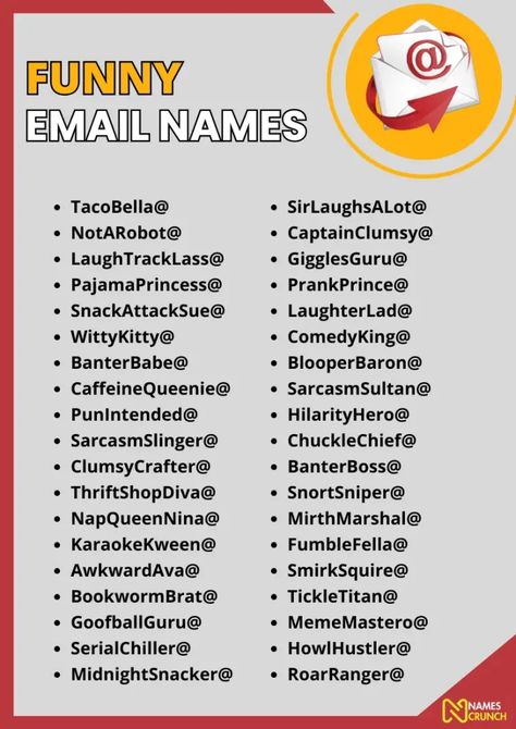 700+ Funny Email Names [Unique Ideas] - Names Crunch Airdrop Name Ideas Funny, Fun Names Ideas, Cute Email Names, Email Address Ideas Names, Email Id Name Ideas, Email Ideas Names, Email Names Ideas Unique, Funny Names For Best Friends, Email Name Ideas