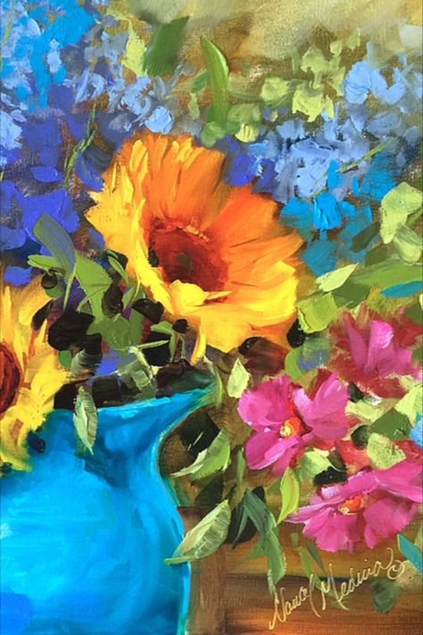 Immerse yourself in the warm glow of a summer's day with one of my favorite pieces. This vibrant piece captures the joyful spirit of sunflowers with striking blue flowers, painted with love and passion. Bring the beauty of nature's golden blooms into your home and radiate joy every day. Oil on canvas. Free shipping for this print for a limited time! Nancy Medina, Sunflower Art Print, Sunflowers And Roses, Hydrangea Painting, Sunflower Canvas, Sunflower Art, Floral Prints Art, Blue Vase, Original Fine Art