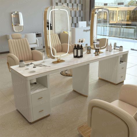 Yoocell cream barber chair salon hair station mirror station salon furniture makeup station OC7080 Salon Makeup Station Ideas, Makeup Station Salon, Minimalist Salon, Salon Makeup Station, Hair Station, Salon Equipment Furniture, Makeup Dresser, Makeup Studio Decor, Hair Salon Furniture