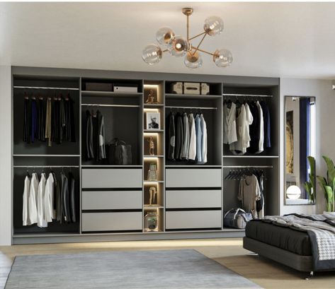 Open Shelf Wardrobe Design, Built In Bedroom Drawers Ideas, Grey Walk In Wardrobe, His And Her Wardrobe Ideas, Fitted Wardrobe Layout Ideas, Wardrobe Divisions, Shelves For Walk In Closet, Built In Open Wardrobe Ideas, Bedroom With Open Wardrobe