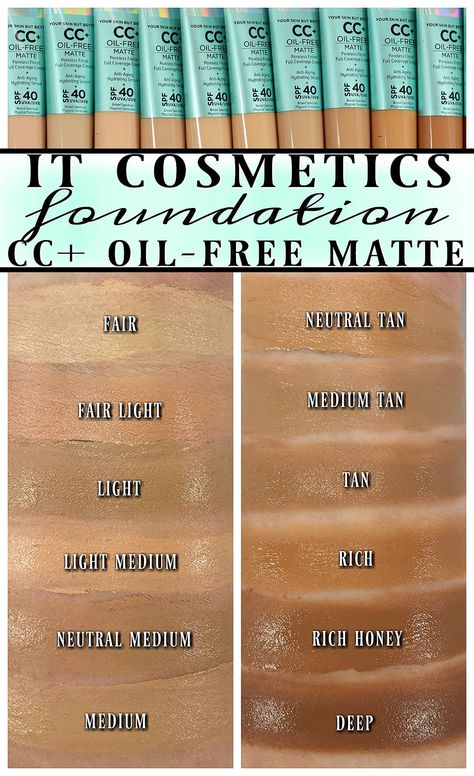 IT Cosmetics CC+ Foundation Oil Free Matte Foundation Review + Swatches It Cosmetics Cc Cream Swatches, Foundation Swatches, It Cosmetics Cc Cream, Beauty Killer, Foundation Tips, Sparkly Makeup, It Cosmetics Foundation, Concealer Shades, Best Eyebrow Products