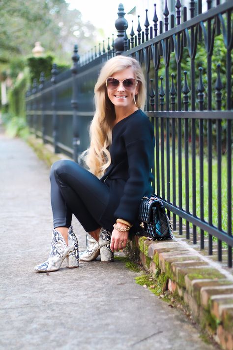 Fall outfit inspo : leather leggings are my fall insta glam , comfy but chic . Paired with a black amazon tunic length front tie sweater and snakeskin booties . Outfit linked to shop Snake Skin Booties Outfit, Snakeskin Booties Outfit, Booties Outfit, Cozy Outfits, Snakeskin Boots, Tie Sweater, Cozy Outfit, Shoe Print, Outfit Inspo Fall