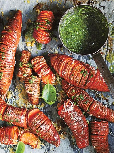 sweet potato hasselbacks with basil salsa verde Hasselback Sweet Potatoes, Donna Hay Recipes, Donna Hay, Sunday Roast, Sweet Potato Recipes, Salsa Verde, Side Recipes, Vegetable Side Dishes, Sweet Potatoes