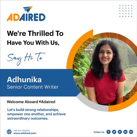 Welcome aboard Adhunika 🎉🎊 We're thrilled to have you join us on this exciting journey. Your unique talents, skills, and fresh perspectives will undoubtedly make a valuable contribution to our collective success. Here's to new beginnings, growth, and endless possibilities! We're excited to see what we'll achieve together. #welcomeaboard #newhire #contentwriting #contentwriter #joining #newcolleague #newjoining #employeeengagement #newemployee #adaired #team #congratulations Welcome New Employee Poster, Welcome Aboard New Employee, Here's To New Beginnings, Unique Talents, Education Poster Design, To New Beginnings, Welcome Aboard, Welcome Poster, New Employee