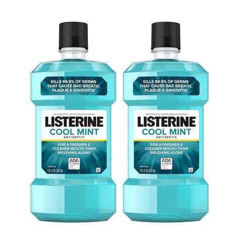 Listerine Cool Mint Antiseptic Mouthwash to Kill 99% of Germs That Cause Bad Breath, Plaque and Gingivitis, Cool Mint Flavor, 1 L (Pack of 2) Mint Mouthwash, Listerine Mouthwash, Listerine Cool Mint, Homemade Mouthwash, Antiseptic Mouthwash, Mouth Wash, Dental Cleaning, Hygiene Routine, Gum Health